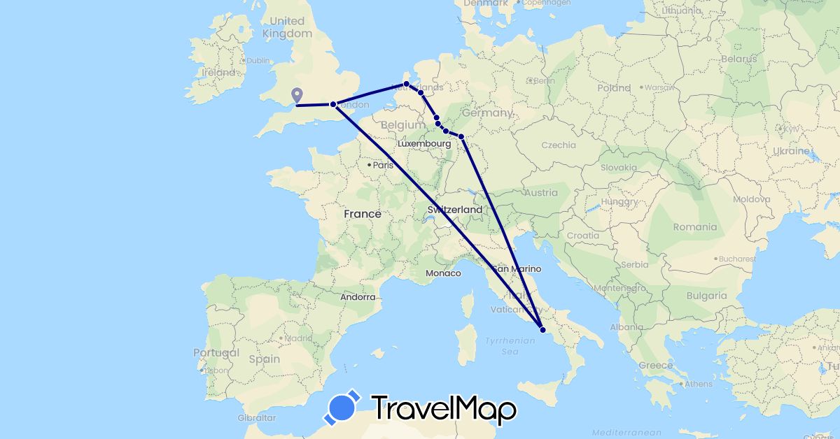 TravelMap itinerary: driving in Germany, United Kingdom, Italy, Netherlands (Europe)